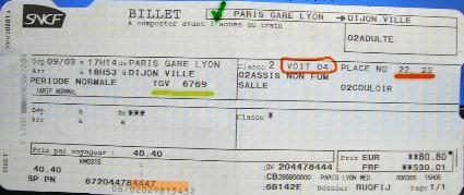 ３月９日、パリ・ガレ・ド・リヨン駅からディジョンまでの２等のＴＧＶの大人２人分の乗車券。（指定席が付いています。）